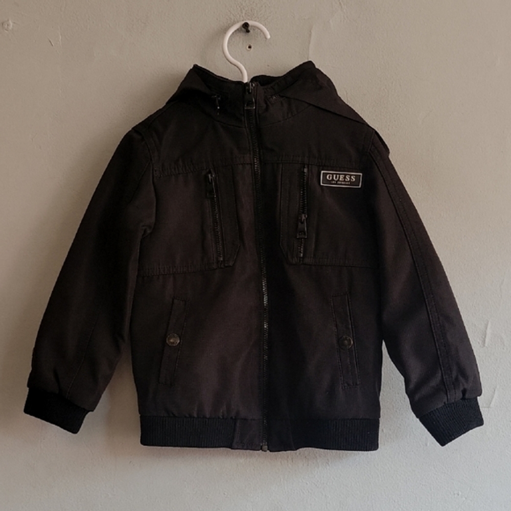 Boy's size 4 Guess winter warm coat black layered hooded textured full zip up